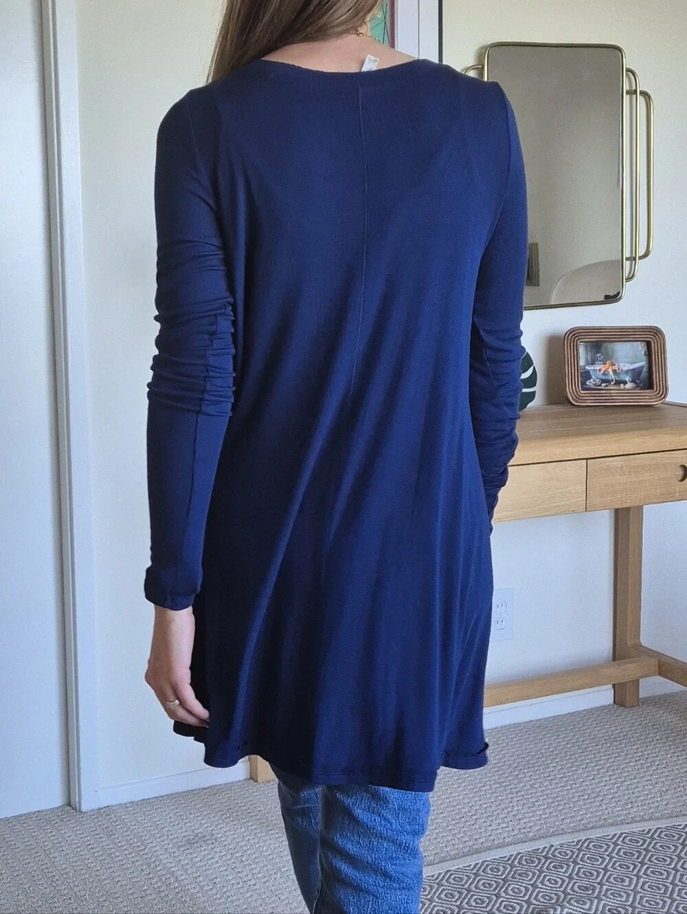 Free People Ribbed Long Sleeve Swing Tunic Top Navy Size Large Boho
